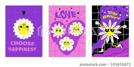 Hippie daisy flower posters. Groovy floral cards. Psychedelic acid colors. Chamomiles comic characters. Blooming plant with retro smiling face. Love and happiness. Garish vector set Hippie daisy flower posters. Groovy floral cards. Psychedelic acid colors. Chamomiles comic characters. Blooming plant with retro smiling face. Love and happiness. Garish vector set 105658972
