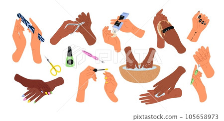 Female hand manicure. Cosmetic finger nails treatment. Cartoon manicurists skincare accessories. Scrubbing and arm baths. Girl applying cream and varnish. Woman beauty. Garish vector set Female hand manicure. Cosmetic finger nails treatment. Cartoon manicurists skincare accessories. Scrubbing and arm baths. Girl applying cream and varnish. Woman beauty. Garish vector set 105658973