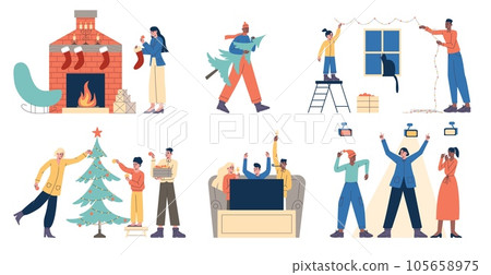 Christmas celebration scenes. Happy family preparing to New Year. Holiday party anticipation. People decorate room. Home event. Fireplace with gift socks. Vector Xmas celebrating set 105658975