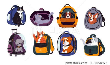 Cartoon pet carriers. Dogs and cats transportation. Bags for puppy or kitten convenience. Transporter backpacks and containers. Animals travel. Comfort and safety. Garish vector set 105658976