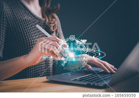 Concept of business global internet connection application technology, Financial and banking, digital marketing, Digital link tech, big data. Businesswoman using a stylus pen for Internet connection. Concept of business global internet connection application technology, Financial and banking, digital marketing, Digital link tech, big data. Businesswoman using a stylus pen for Internet connection. 105659350