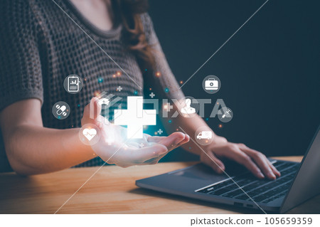 Woman hand holding plus icon for the healthcare medical icon. Health care, access to welfare health and medical Insurance for your health concept. 105659359