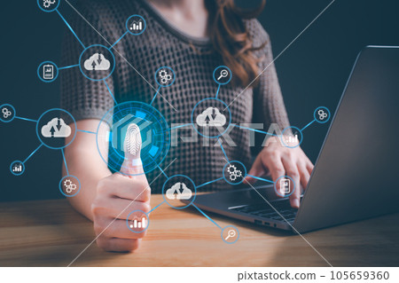Concept of Technology fingerprint scan provides security. new technology big data, business process strategy, digital transformation change management, cloud computing network, sharing download upload 105659360