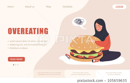 Overeating landing page template. Sad arabian woman hugging huge hamburger and worries about being overweight. Bulimia or anorexia. Food addiction concept. Vector illustration in flat cartoon style 105659635
