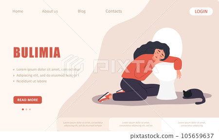 Bulimia landing page template. Unhealthy woman sitting on floor leaning on toilet and feeling nausea from food. Anorexia concept. Girl with mental problems. Vector illustration in flat cartoon style 105659637