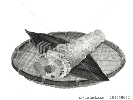 以水墨畫風格繪製的濾鍋中煮竹筍的單調插圖白色背景透明背景 105659652