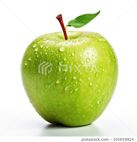 Perfect fresh green Apple with green leaf isolated on white background with water drops. Full depth-of-field. 105659924