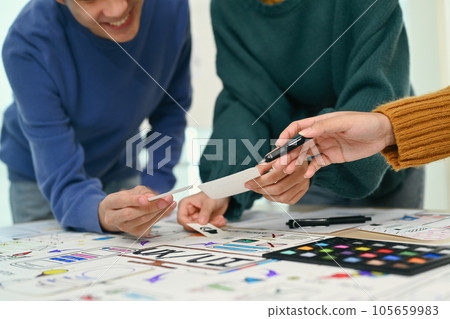 Team of creative designer working on app design and user interface, developing mobile application at office. User experience concept 105659983