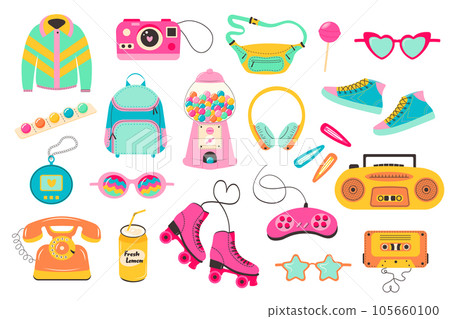 Retro 80s 90s clipart set. Cute y2k glamour fashion patches, badges, stickers Retro 80s 90s clipart set. Cute y2k glamour fashion patches, badges, stickers 105660100