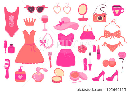 Glamorous trendy pink girl doll stickers set. Nostalgic barbiecore 2000s style  105660115