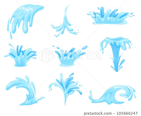 Cartoon water jets. Fontains or waterfalls falling streams, 2d liquid splashing fx ocean wave effect, watered splatter flow drop stream splash for game, neat vector illustration Cartoon water jets. Fontains or waterfalls falling streams, 2d liquid splashing fx ocean wave effect, watered splatter flow drop stream splash for game, neat vector illustration 105660247