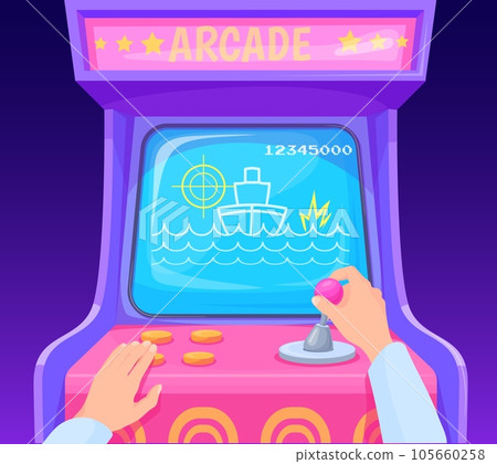 Hands playing arcade machine. Gamer hand play in retro video game on joystick, cartoon computer gaming 80s 1990s pixel screen of slot machines controller, neat vector illustration 105660258