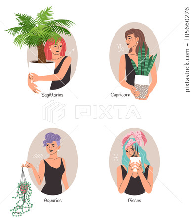 Zodiac collection astrological set with beautiful girls, Sagittarius, Capricorn, Aquarius, Pisces, horoscope symbol sign Zodiac collection astrological set with beautiful girls, Sagittarius, Capricorn, Aquarius, Pisces, horoscope symbol sign 105660276
