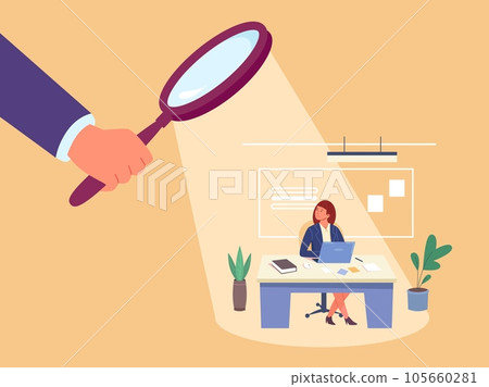 Work supervision. Employee control, observational boss supervise overworked manager advice apprentice, professional guidace processing, spy hand with magnifier vector illustration Work supervision. Employee control, observational boss supervise overworked manager advice apprentice, professional guidace processing, spy hand with magnifier vector illustration 105660281