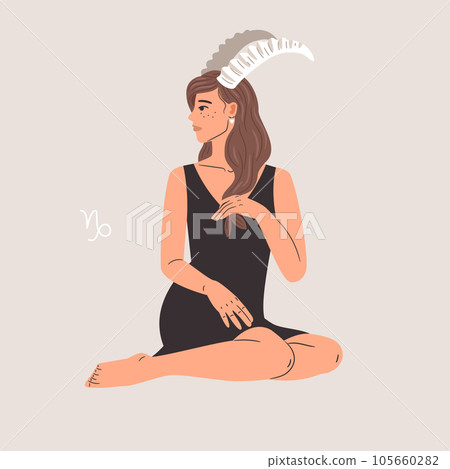 Woman with zodiac sign Capricorn horns, horoscope astrology symbol with beautiful girl in black dress Woman with zodiac sign Capricorn horns, horoscope astrology symbol with beautiful girl in black dress 105660282