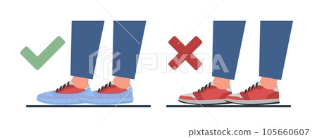 Set of shoes with and without protective medical covers. Human legs in boots. Hospital or clinic rules. Doctor uniform. Dirt protector for footwear. Vector cartoon flat isolated illustration 105660607