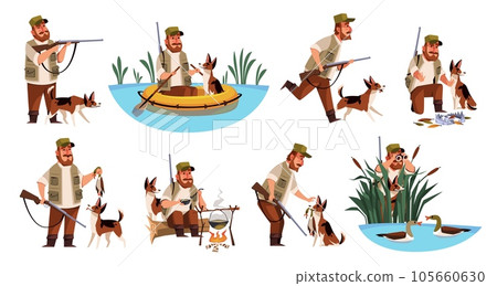 Cartoon hunter character. Funny dog and cute owner on duck hunting, sitting in boat in lake, rifle and equipment, waterfowl extraction, outdoor hobby, cooking on bonfire, tidy vector set 105660630