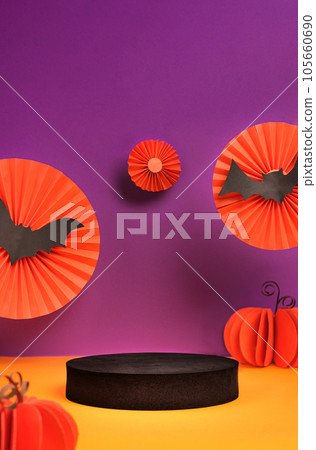 Product Display halloween decor party holiday studio set up in orange and violet color background with bat ,pumpkin,spider web Product Display halloween decor party holiday studio set up in orange and violet color background with bat ,pumpkin,spider web 105660690