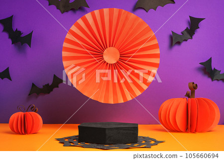 Product Display halloween decor party holiday studio set up in orange and violet color background with bat ,pumpkin,spider web Product Display halloween decor party holiday studio set up in orange and violet color background with bat ,pumpkin,spider web 105660694