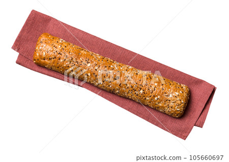 fresh crunchy french baguette isolated on white background. Top view Bakery products fresh crunchy french baguette isolated on white background. Top view Bakery products 105660697