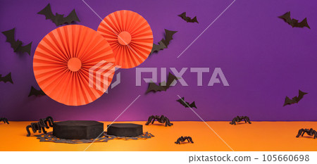 Product Display halloween decor party holiday studio set up in orange and violet color background with bat ,pumpkin,spider web Product Display halloween decor party holiday studio set up in orange and violet color background with bat ,pumpkin,spider web 105660698