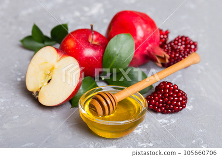 Flat lay composition with symbols jewish Rosh Hashanah holiday attributes on colored background, Rosh hashanah concept. New Year holiday Traditional. Top view with copy space Flat lay composition with symbols jewish Rosh Hashanah holiday attributes on colored background, Rosh hashanah concept. New Year holiday Traditional. Top view with copy space 105660706