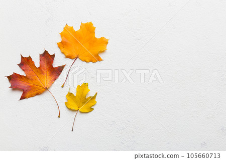 Autumn composition. Pattern made of dried leaves and other design accessories on table. Flat lay, top view Autumn composition. Pattern made of dried leaves and other design accessories on table. Flat lay, top view 105660713