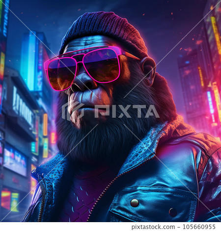 Epic Cyberpumk Gorilla Neon Retro Wave Style 105660955