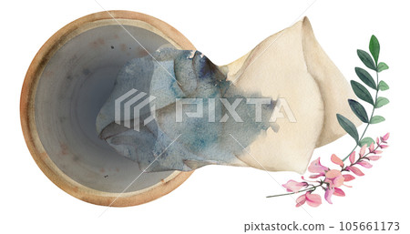 Hand drawn watercolor indigo coloring natural plant dye and materials for hobby, handmade fabric. Illustration isolated composition, white background. Shop logo, print, website, business card, booklet Hand drawn watercolor indigo coloring natural plant dye and materials for hobby, handmade fabric. Illustration isolated composition, white background. Shop logo, print, website, business card, booklet 105661173