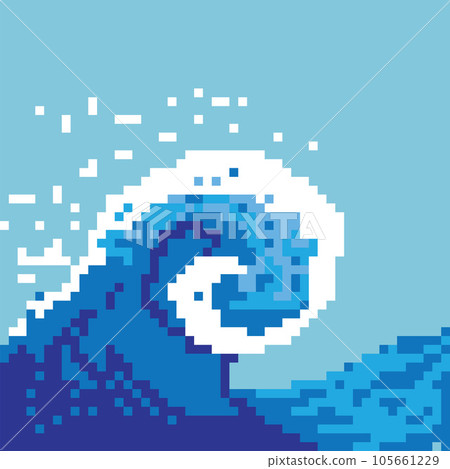 Square vector illustration with the ocean wave. Pixel art style 105661229