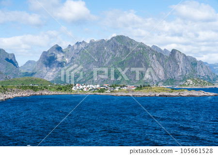 Summer sunny day at Lofoten, Norway, Nordland. Landscape with dramatic mountains and sea, ocean. Summer sunny day at Lofoten, Norway, Nordland. Landscape with dramatic mountains and sea, ocean. 105661528