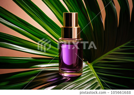 Glass perfume bottle mockup on natural botanical background with plants,, 105661688