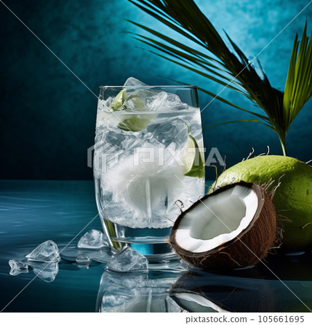 Fresh tropical cocktail with coconut mikl and coconuts and ice with tropical trees and plants on a dark mystical background. 105661695