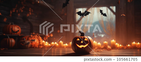 Halloween pumpkin head jack lantern with burning candles 105661705