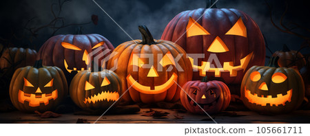 Scary Halloween pumpkins for party night. Close up view of scary Halloween pumpkin Scary Halloween pumpkins for party night. Close up view of scary Halloween pumpkin 105661711