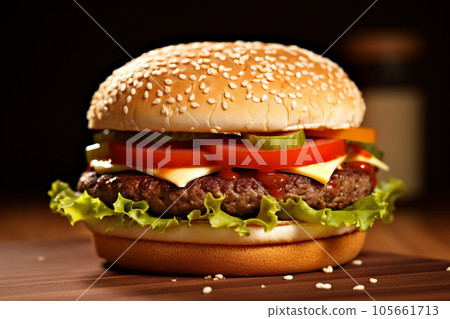 hamburger with cutlet grilled on a wooden surface hamburger with cutlet grilled on a wooden surface 105661713