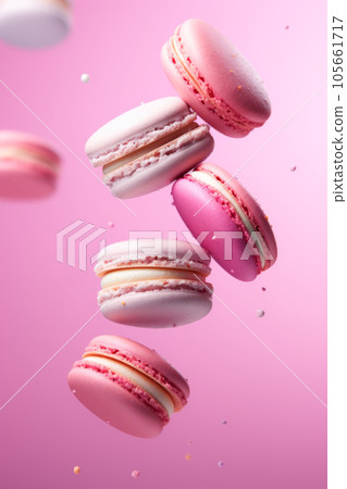 Different types of macaroons in motion falling on a pink background Different types of macaroons in motion falling on a pink background 105661717