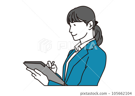 Asian businesswoman filling out a tablet Asian businesswoman filling out a tablet 105662104