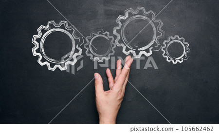 Chalk-drawn gears and a female hand on a black chalkboard, concept of teamwork Chalk-drawn gears and a female hand on a black chalkboard, concept of teamwork 105662462