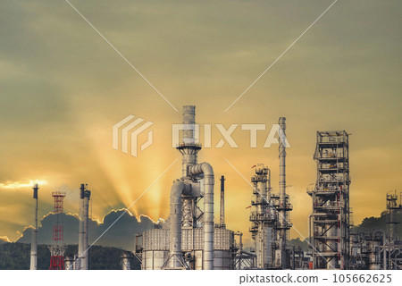 Oil refinery gas petrol plant industry with crude tank, gasoline supply and chemical factory. Petroleum barrel fuel heavy industry oil refinery manufacturing factory plant. Refinery industry concept 105662625