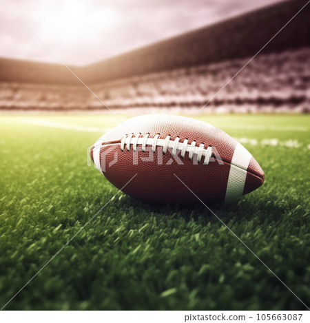 American football ball on green grass 105663087