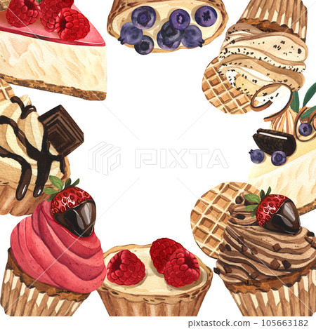 Watercolor frame dessert, colorful sweet cakes slices pieces of cheesecake with berries. Hand-drawn illustration isolated on white background.Perfect food menu, food drawing, design packing, print Watercolor frame dessert, colorful sweet cakes slices pieces of cheesecake with berries. Hand-drawn illustration isolated on white background.Perfect food menu, food drawing, design packing, print 105663182