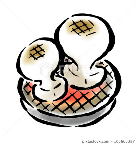 麻糬在木炭火盆上烘烤手繪插圖,用畫筆觸摸 麻糬在木炭火盆上烘烤手繪插圖,用畫筆觸摸 105663387