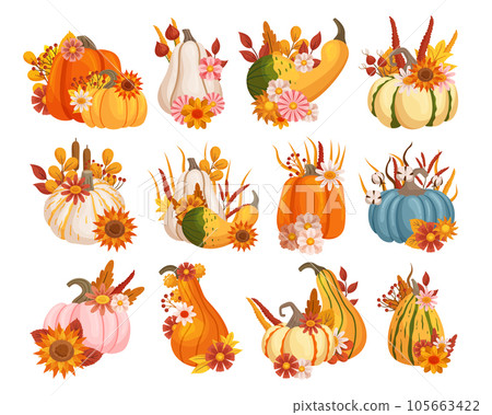 Artfully Arranged Fall Floral Displays That Combine Pumpkins And Vibrant Flowers, Creating Seasonal Charming Centerpiece 105663422