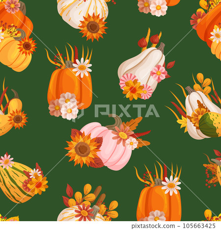Fall-themed Floral Arrangements Featuring Pumpkins As Vases, Adorned With Vibrant Autumn Flowers, Vector Illustration 105663425