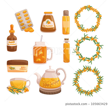 Sea Buckthorn Products Set, Collection Of Skincare, Foods And Health Items, Known For Its Nourishing Properties 105663429