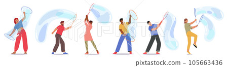 Characters Perform Soap Bubbles Show, Captivating Spectacle Of Colorful, Floating Spheres, Created By Blowing Air Characters Perform Soap Bubbles Show, Captivating Spectacle Of Colorful, Floating Spheres, Created By Blowing Air 105663436