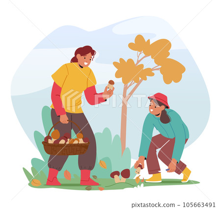 Young Women Carefully Gather Mushrooms In The Forest. Female Characters Filling Their Baskets With A Variety Of Shapes Young Women Carefully Gather Mushrooms In The Forest. Female Characters Filling Their Baskets With A Variety Of Shapes 105663491