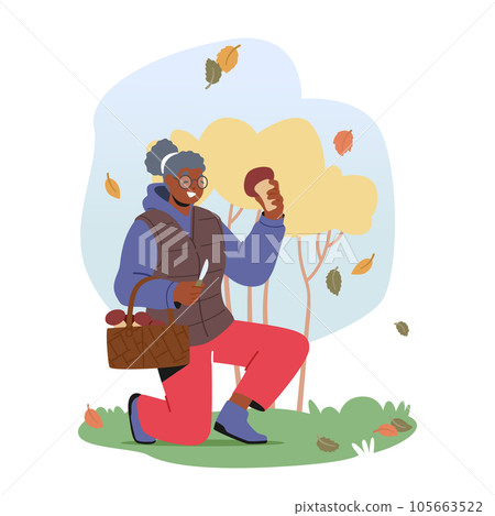 Elderly Woman Gathers Mushrooms In The Forest. Black Female Character Embracing Nature Bounty Vector Illustration Elderly Woman Gathers Mushrooms In The Forest. Black Female Character Embracing Nature Bounty Vector Illustration 105663522