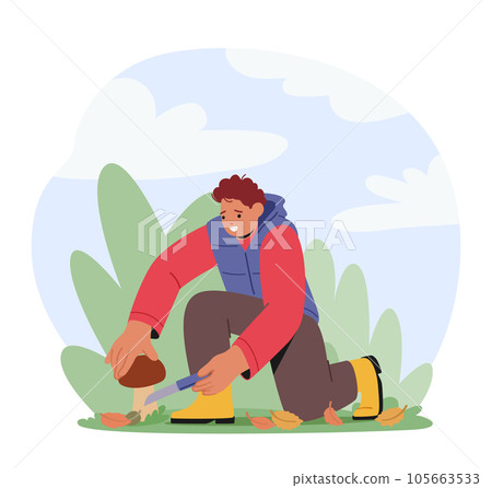 Young Man Ventures Into The Forest To Pick Mushrooms. Male Character Carefully Foraging Among The Trees 105663533